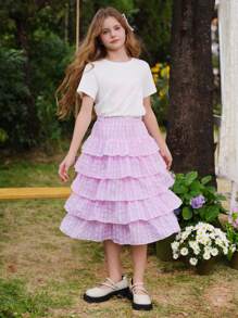 SHEIN Tween Girls 2pcs Bowknot Short Sleeve Top And Plaid Multilayer Cake Skirt Set, Cute & Sweet Style, Suitable For Outings, Social Media Photos - Pink - View 6