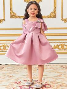 SHEIN Leap Crew Young Girl Elegant Exclusive Asymmetric Large Bow Satin Dress Gown - Pink - View 7