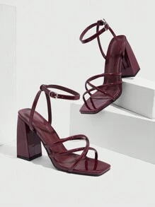 CUCCOO SZL Women's Fashion Burgundy Strappy Block High Heel Sandals, Suitable For Commuting, Dating, Party, Stylish Spring Shoes Spring Break Easter Prom Heels - Burgundy - View 3