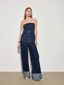 AiiRZ Top bandeau de mezclilla sin tirantes con detalle de botones delanteros y cinturón ajustable, inspirado en el estilo corsé de la moda callejera y de festivales del estilo Y2K