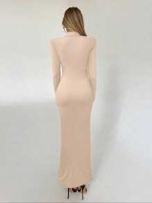 Aloruh Women Solid Color Stand Collar Long Sleeve Split Hem Slim Fit Dress - Apricot - View 2
