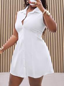 Slaydiva Plus Size Women White Sleeveless Waist Gathered Shirt Style Short Mini Dress, Elegant Commuter Casual Wear, Spring/Summer,Graduation Dress