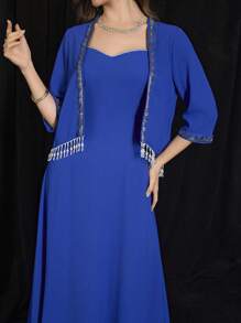 Modelyn Fringed Beaded Sash Cropped Top & Slip Dress, Solid Color - Blue - View 6