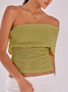 MUSERA Textured Mesh Detail Neckline Top Vacation Festival Boho Holiday Night Out Going Out Club Fall  Elegant Spring Summer - Olive Green - View 3