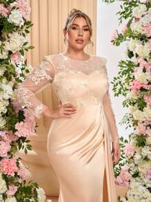 Glamrae Plus Size Champagne Elegant Floral Sequin Embroidery Patchwork Satin High Split Draped Luxury Formal Evening Gown, Wedding Guest Dress, Party Dress