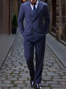 Calvornis Manfinity Bizformal 男士翻领双排扣西装外套和长裤两件套西装套装，男士西装，男士休闲西装，男士正装西装 - 藏蓝色 - 查看 6