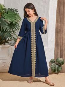 Tween Girls' Elegant V-Neck Long Sleeve Dress