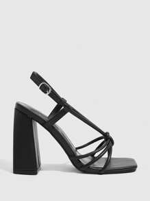 CUCCOO SZL 女士时尚黑色细带组合踝带方头粗高跟凉鞋，适合通勤、约会、派对、时尚