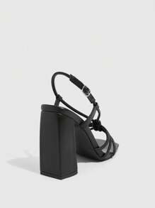 CUCCOO SZL 女士时尚黑色细带组合踝带方头粗高跟凉鞋，适合通勤、约会、派对、时尚