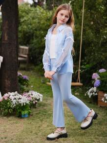 SHEIN 少女三件套：透明欧根纱蝴蝶结衬衫、针织背心、针织喇叭裤、休闲甜美风格 - 彩色 - 查看 3