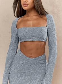 MISSGUIDED Textured Stretchy Cut Out Long Sleeve Mini Party Dress With High Square Neckline And Ruched Details Perfect For Club Night Date Night Spring Summer Fashion - Blue - View 3