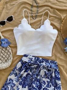 Soleia 2 pièces Ensemble de tenues d'été pour femme en vacances, débardeur blanc à élastique et shorts décontractés à imprimé floral