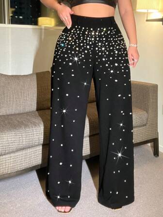 NU&NOW Plus Size Diamond & Pearl Embellished Gradient Knit Pants,Summer Outfits For Women Fall Cloth For Women
