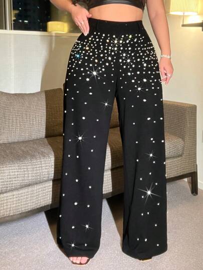 NU&NOW Pantalones de punto con gradiente embellecidos con diamantes y perlas, talla grande
