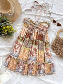 Soleia 大码女式度假彩色复古印花抽绳前后系带分层迷你连衣裙，音乐节服装 - 彩色 - 查看 4