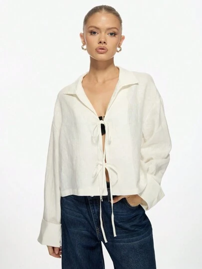 MISSGUIDED 亚麻系带衬衫长袖纽扣衬衫休闲轻便夏季春季度假装沙滩罩衫波西米亚风格办公室装