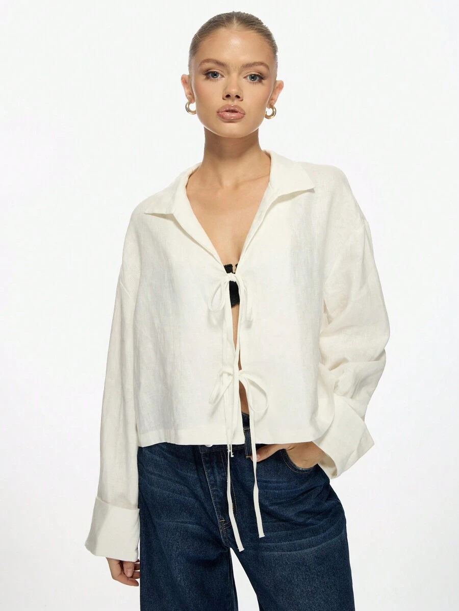 MISSGUIDED Linen Tie Front Blouse Long Sleeve Button Down Shirt Casual Lightweight Summer Spring Resort Wear Beach Cover Up Bohemian Style Office Wear - White - View 1