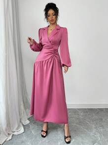 Modelyn Vestido largo casual de mujer de unicolor, de manga larga, cuello plano simple y plisado - Rosa - Ver 6