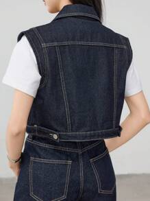 Dazy-Less Women Short Denim Vest Top - Dark Wash - View 5