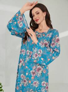 Lacomfia Vintage Floral Print Loose Crew Neck Side Split Gold Embroidery Long Sleeve Dress