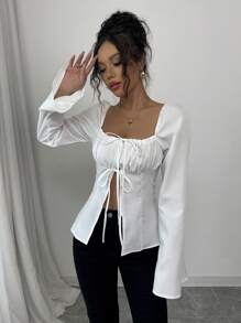 Elenzga Women's Spring New Solid Color Vintage Slash Neck Pleated Patchwork Hollow Out Tie Long Sleeve Flare Sleeve Fitted A-Line Minimalist Elegant Casual Vacation Date Blouse Fall Cloth For Women - White - View 6