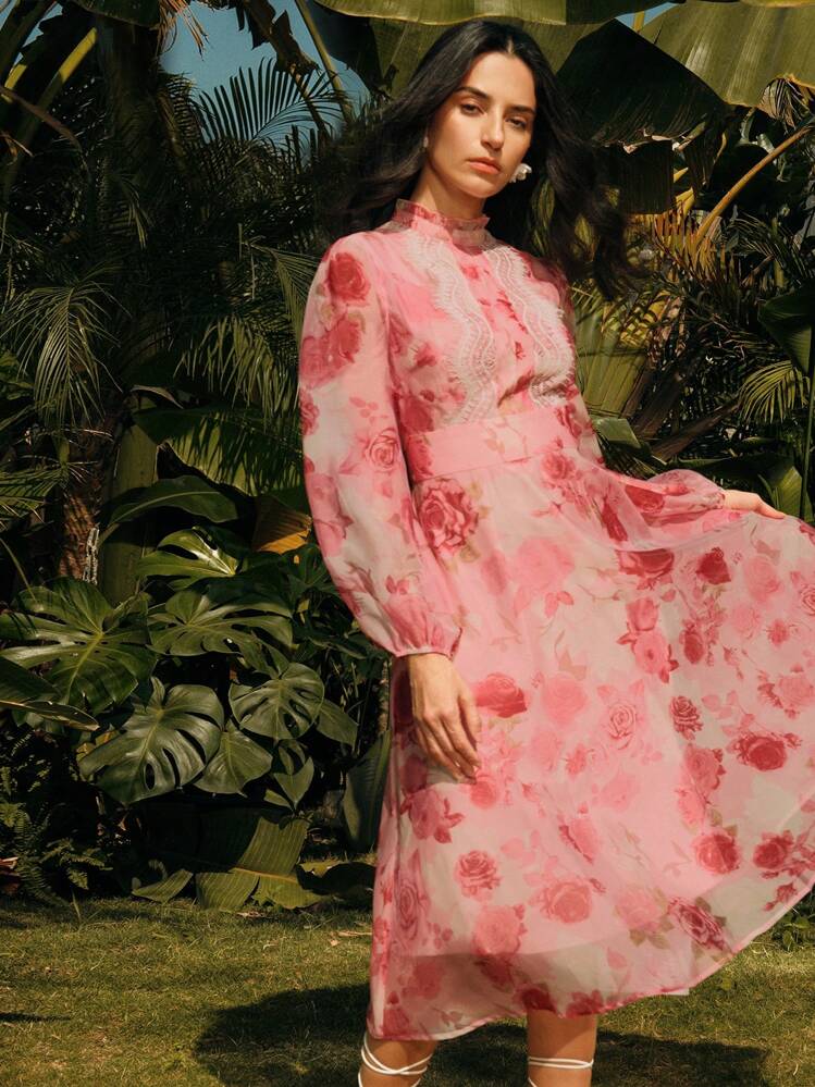 Anewsta French Pink Rose Floral Lace Patchwork Long Sleeve A-Line Dress, Elegant For Spring, Vacation, Easter, Brunch Outfits For Women - Pink - View 7