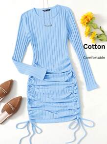 SHEIN EZwear Vestido ajustado con fruncido lateral con cordón - Celeste - Ver 6