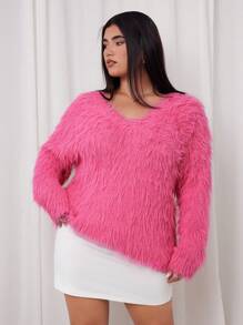 SHEIN EZwear Plus Size Women's Fuzzy Knit Pullover Sweater Dress, Daily Casual And Lightweight Party Wear, Autumn/Winter - Pink - View 4