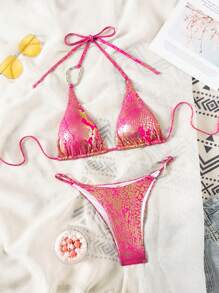 Swim SXY Bộ đồ bơi vải kim loại hở lưng cổ chữ V cao đến gối gợi cảm cho nữ, thích hợp cho tiệc bãi biển - Màu Hồng Tươi - Xem 5