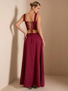 SHEIN BAE 2pcs Set Women's Burgundy Summer Elegant Party Outfit:Ruched Strap Back Tie Waist Camisole & Maxi A-Line Skirt,Suitable For Early Spring Vacation - Burgundy - View 2