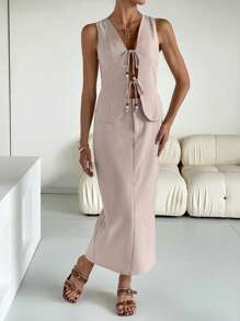 SHEIN Essnce 波西米亚风假日杏色蝴蝶结背心和修身开衩长裙两件套女式纯色前系带无袖上衣和迷你裙套装，极简主义风格