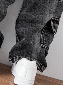 男孩幼儿宽松直筒双口袋洗水黑灰色牛仔裤，休闲百搭校园风格