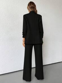 SHEIN BIZwear Solid Color Elegant OL Office Workwear Side Tie Design Flare Pants Suit  - Black - View 2