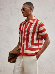 AKNOTIC Party Men Knitted Fitted Turndown Collar Short Sleeve Casual Cardigan Fall Sweater, Suitable For Daily Wear - Red and White - View 6