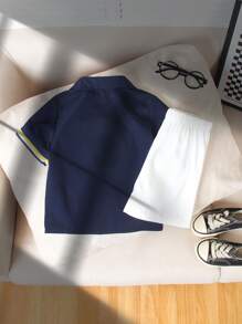 SHEIN Baby Jungen Britischer Stil Kurzarm gestreiftes Hemd mit lockerer Shorts, geeignet für Hochzeiten, Geburtstagsfeiern, Familientreffen - Verschiedenfarbig - Übersicht 2