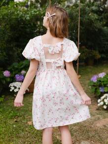 WESTFADE Young Ditsy Floral Backless Bowknot Puff Sleeve Cinched Waist Dress For Tween Girls, Vacation Sweet Style, Suitable For Traveling, Photography, Vacation, And Gatherings
