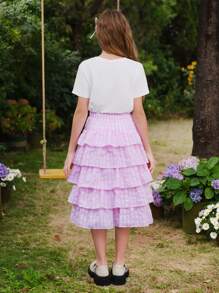 SHEIN Tween Girls 2pcs Bowknot Short Sleeve Top And Plaid Multilayer Cake Skirt Set, Cute & Sweet Style, Suitable For Outings, Social Media Photos - Pink - View 2