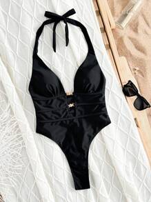 Swim Basics Springbreak Women Halter Neck High Cut Hollow Back One-Piece Swimsuit Festival Boho Summer Beach Vacation Wear