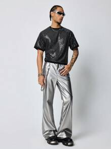 ROMWE MEN Street Life Men's Avant Round Neck Short Sleeve Casual Slim Fit Cropped T-Shirt - Black - View 1