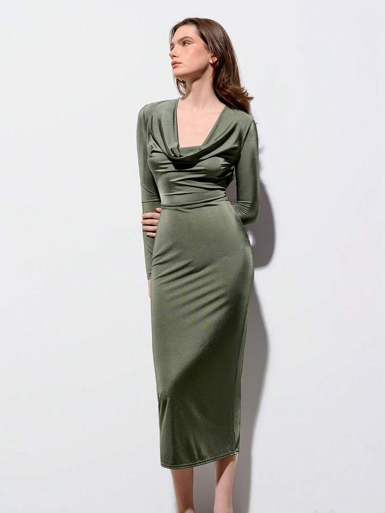 SHEIN Maija Spring And Summer New Style Green Knitted Swing Collar Women's Long Dress, Urban, Modern And Elegant, Sleeveless, Daily Casual Commuting, Suitable For Going Out On Holiday, Holiday Party, Wedding Date Wear