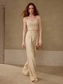 MOTF PREMIUM PANTALONES DE VESTIR DE PIERNA ANCHA DE LINO - Dorado - Ver 2