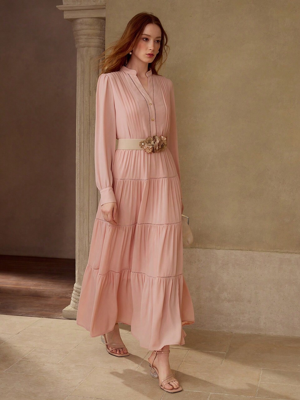GATHERED NOTCHED V NECK DRESS