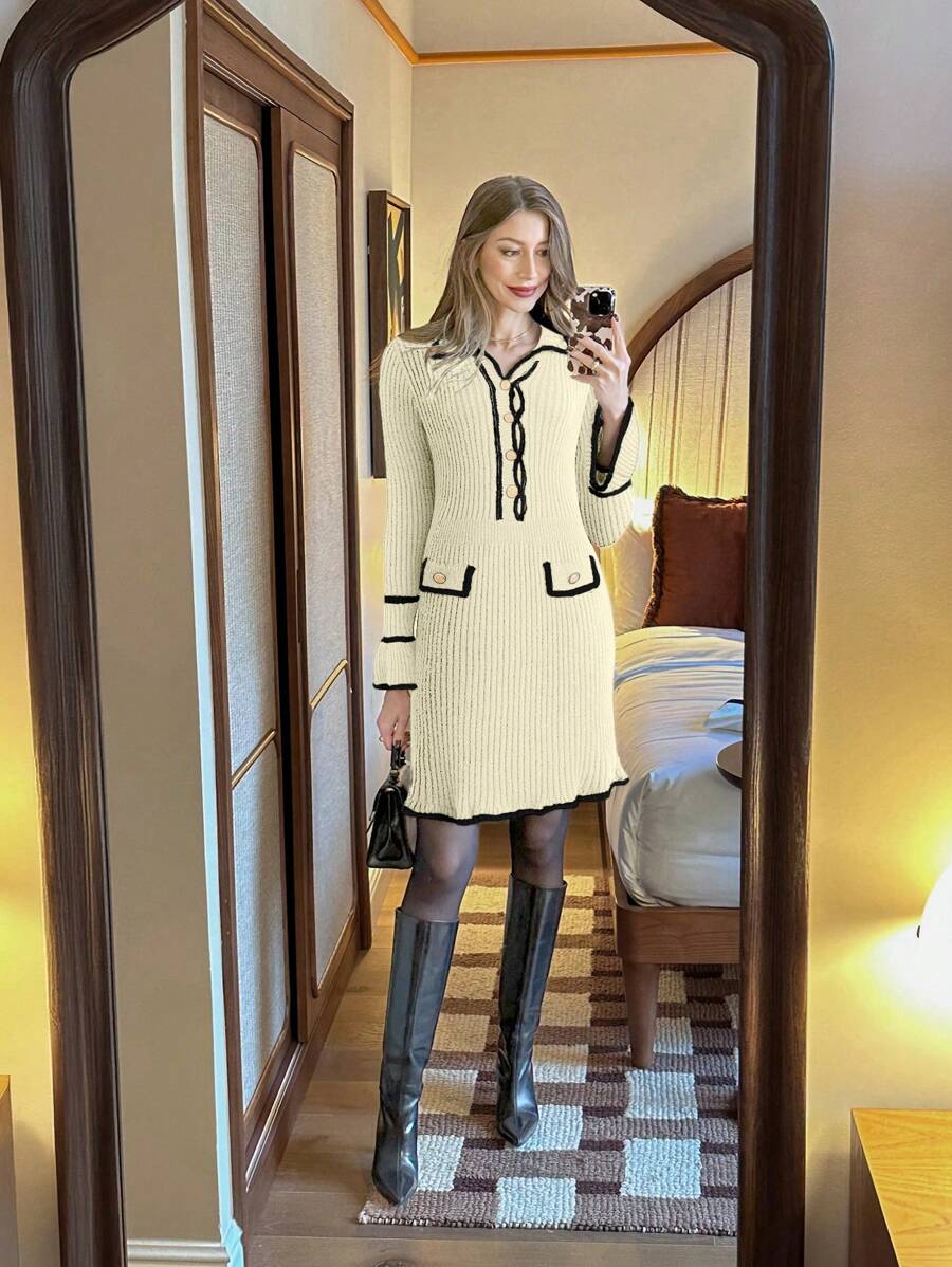 SHEIN Unity 女士优雅撞色饰边前扣长袖口袋针织毛衣连衣裙 - 杏色 - 查看 1