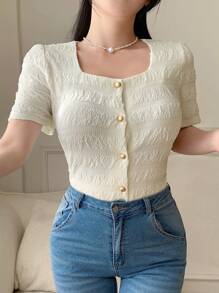 DAZY 女士纯色前扣短袖休闲衬衫，日常穿着 - 米色 - 查看 5