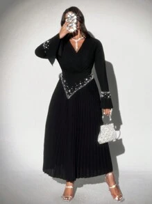 Viva Relle 大码女式优雅浪漫奢华派对节日长袖褶皱珍珠装饰黑色连衣裙 - 黑色 - 查看 4