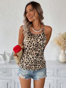 SHEIN LUNE Casual Leopard Print Round Neck Strap Camisole Tank Top, Spring/Summer Boho Women Clothing Vacation Western Wear Women