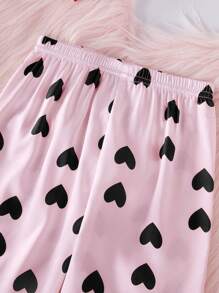 2 件圣诞心形图案女童休闲柔软面料长袖睡衣套装