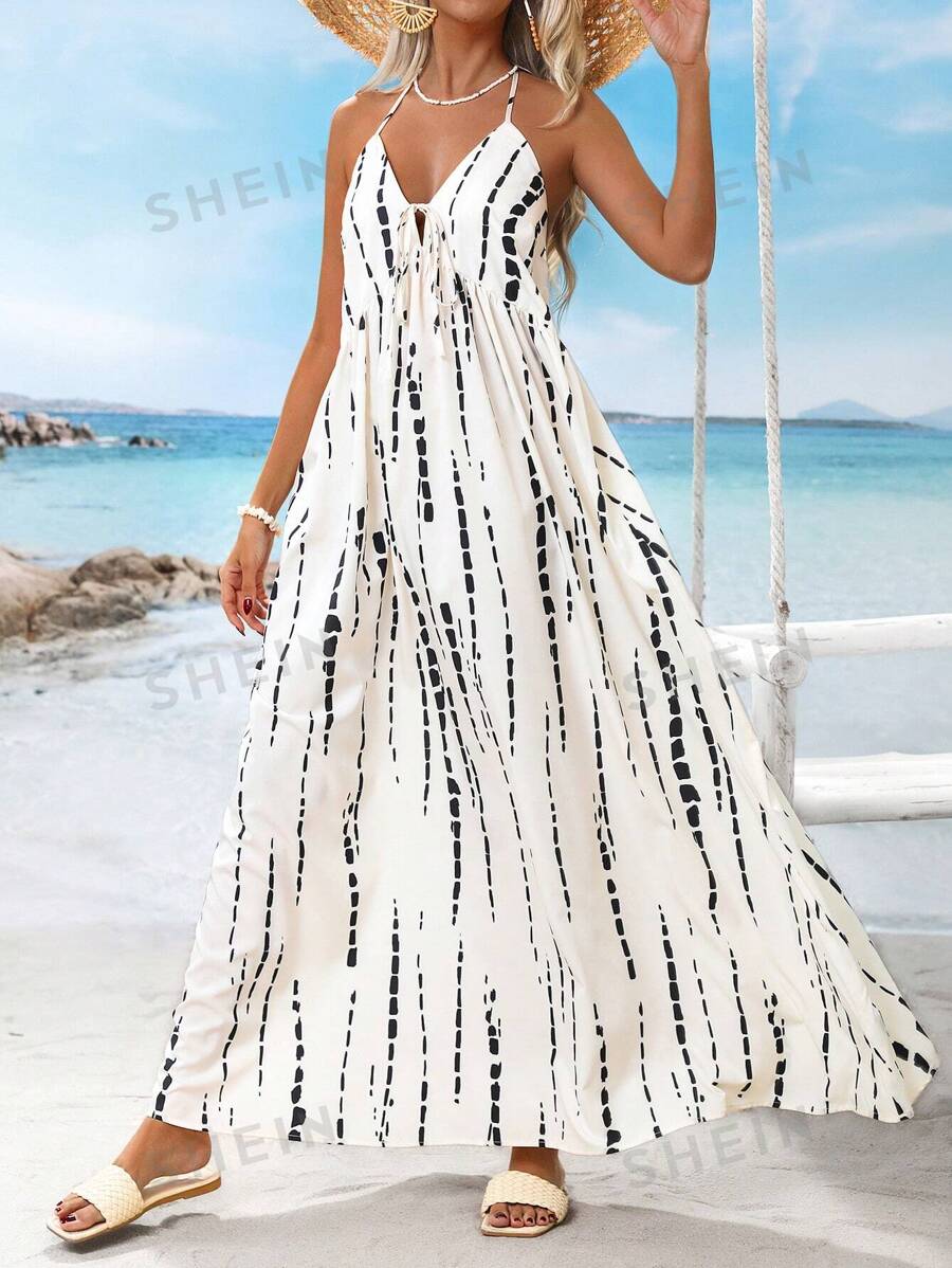 SHEIN VCAY Vestido con estampado floral tejido, vacaciones de verano