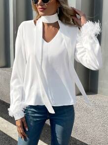 INAWLY Women Solid Color Fuzzy Patchwork Long Sleeve Casual Top Fall Cloth For Women - White - View 3