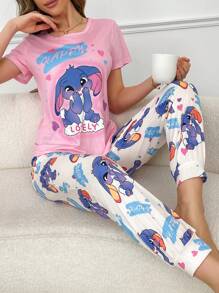 Bunny Color Block Crew Neck Women Pajama Set - Multicolor - View 1